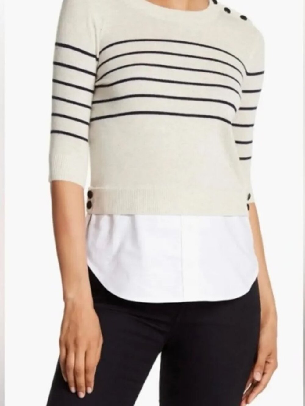 Veronica Beard Sweater Cashmere Silk Short Sleeve Beige Stripe Combo